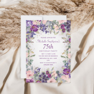Convite Blush Roxo Floral Folhagem Aniversário de 75 anos