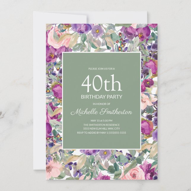 Convite Blush Roxo Floral Sage Verde 40º Aniversário (Frente)