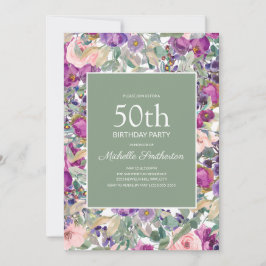 Convite Blush Roxo Floral Verde Sage Aniversário de 50 ano