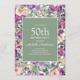 Convite Blush Roxo Floral Verde Sage Aniversário de 50 ano