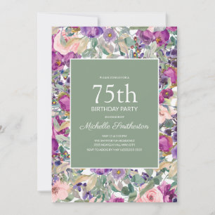 Convite Blush Roxo Floral Verde Sage Aniversário de 75 ano