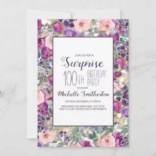 Convite Blush Roxo Rosa Folhas Florais 100º Aniversário