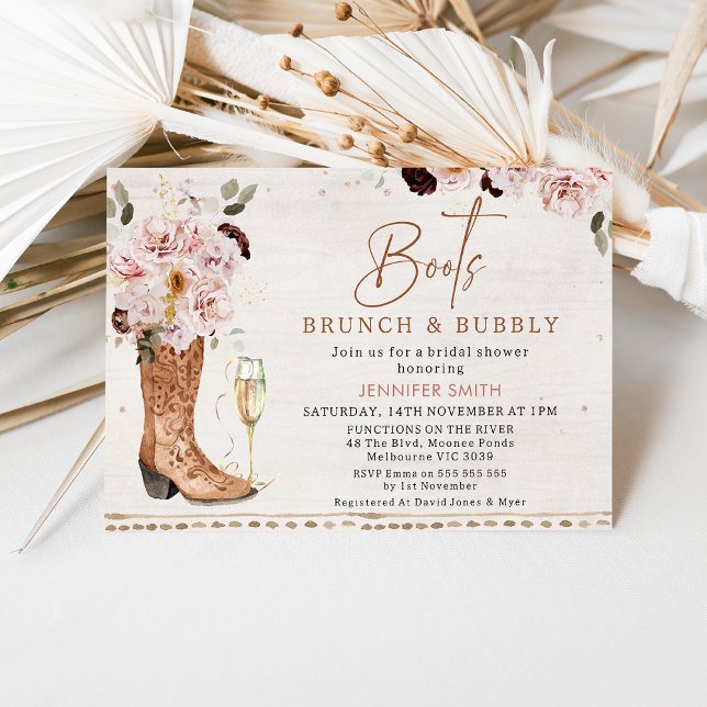 Convite Blush Rustic Boots Brunbble Chá de panela (Rustic boho floral boots, brunch and bubbly bridal shower invitation with glass and cowgirl boot.)