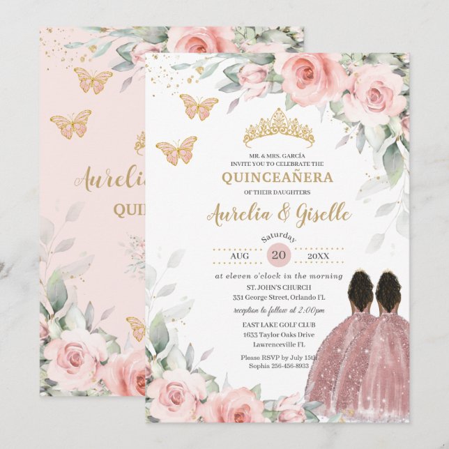 Convite Blush Sage Gêmeos Florais Brown Princess Quinceañe (Frente/Verso)