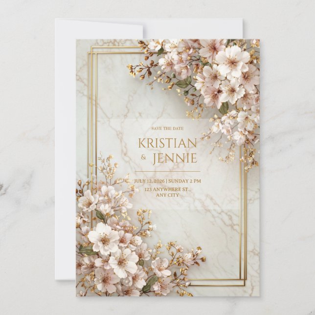 Convite Blush Sakura Marble Gilded Frame Wedding (Frente)