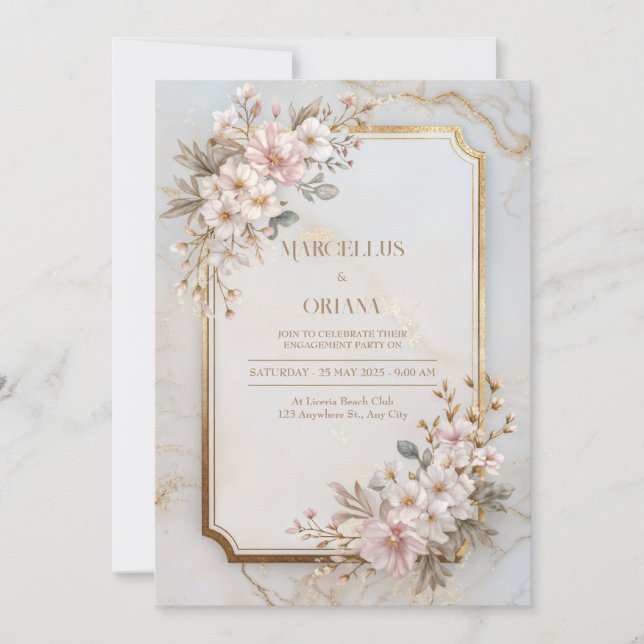 Convite Blush Sakura Marble Gilded Frame Wedding (Frente)