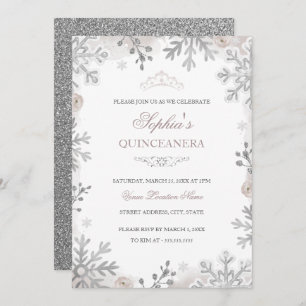 Convite Blush Silver Winter Wonderland Quinceanera