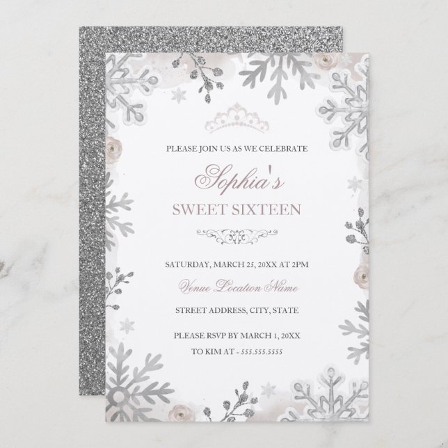 Convite Blush Silver Winter Wonderland Sweet 16º aniversár (Frente/Verso)