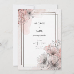 Convite Blush Sketch Floral Casamento Romântico