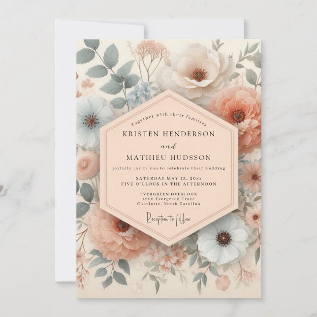 Convite Blush & Slate Antique Floral Wedding (Frente)