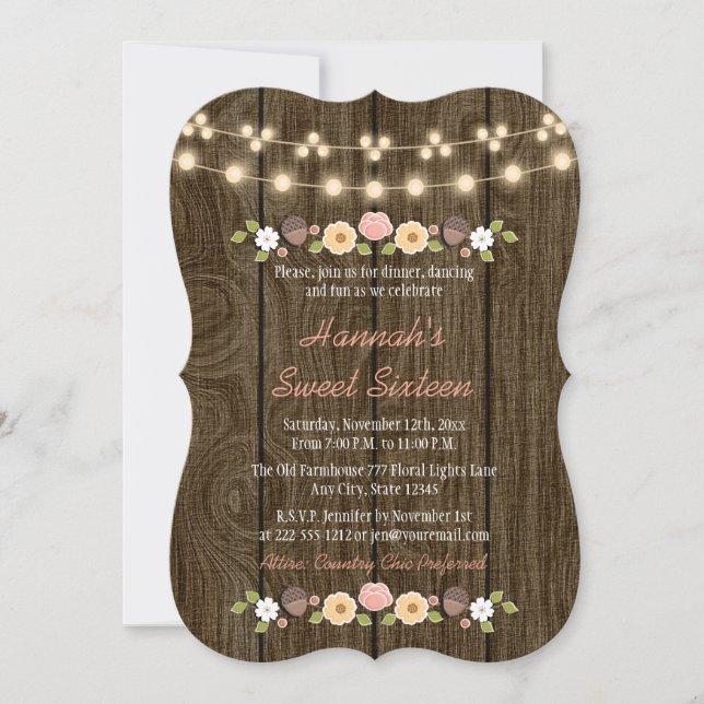 Convite Blush String of Lights Rustic Sweet 16 (Frente)