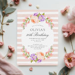 Convite Blush Stripe e Bloom Birthday BrunParty<br><div class="desc">Barato personalizado de aniversário de 30 anos personalizado de de personalizado com os detalhes do evento. Este bonito design botânico apresenta uma moldura de aquarela de pêssego e flores de lavanda sobre um fundo listrado. Use as ferramentas de design para personalizar o texto, editar as fontes e as cores ou...</div>