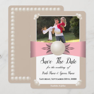 Convite Blush Suave e Fita Pérola Bege Foto Save The Date