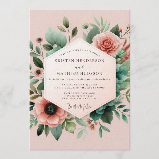 Convite Blush Teal Botanical Wedding (Frente)
