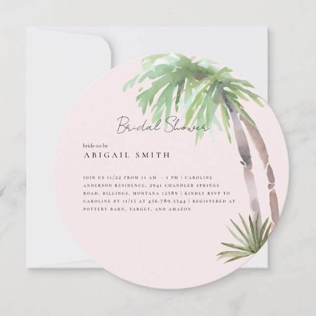 Convite Blush Tropical Palm Foliage Round Bridal (Frente)