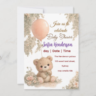 Convite Blush Urso Suave Cor floral baby shower aquarela