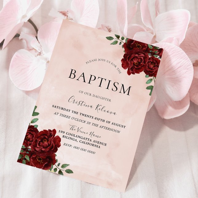 Convite Blush Watercolor Burgundy Rosa vermelha Baptism (Criador carregado)