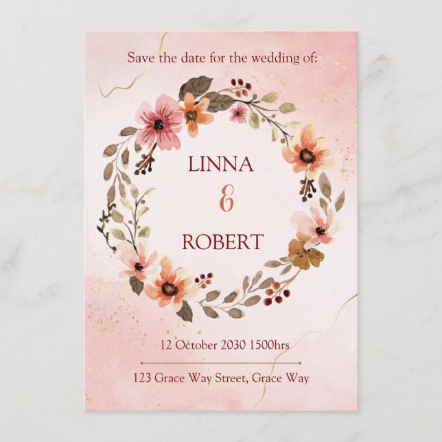 Convite blush watercolor floral wedding invitation  (Frente)