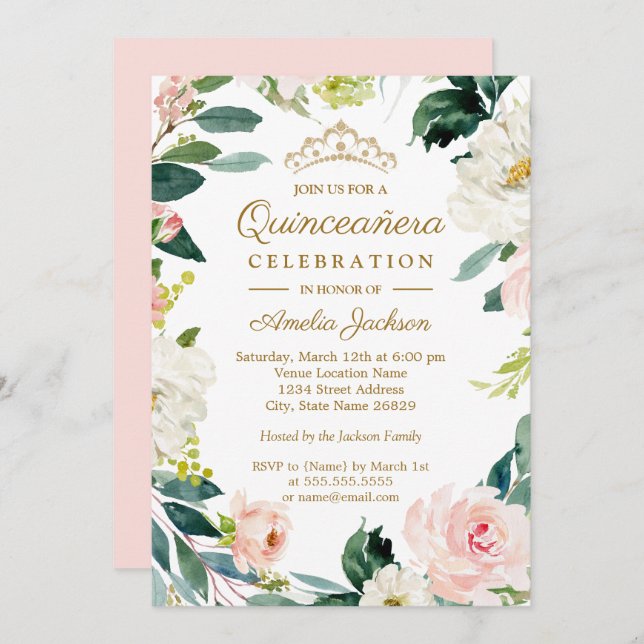Convite Blush Watercolor Floral Wreath Quinceanera (Frente/Verso)