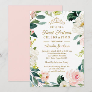 Convite Blush Watercolor Floral Wreath Sweet 16 Party
