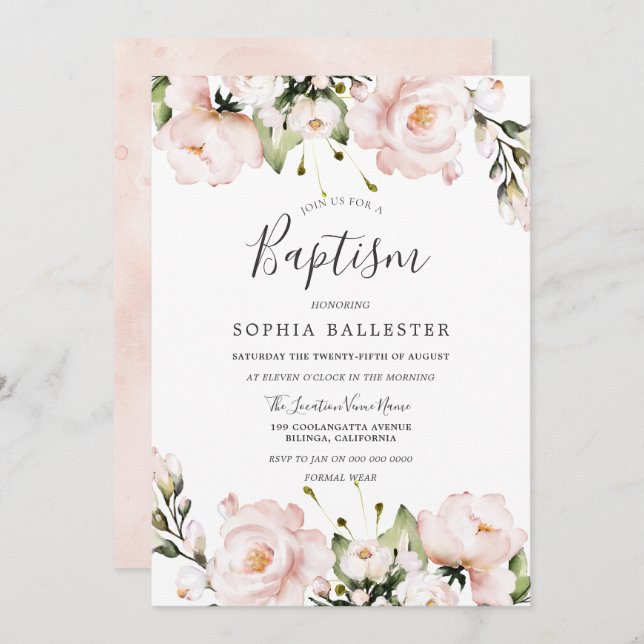 Convite Blush Watercolor Flowers Baby Girl Baptism (Frente/Verso)