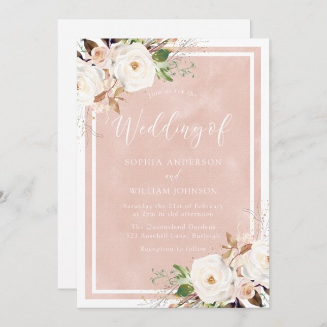 Convite Blush Watercolor White Flowers Belo Casamento (Frente/Verso)
