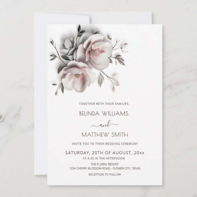 Convite Blush White 3D Roses Wedding (Frente)