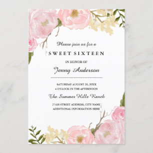Convite Blush White Botanical Floral Sweet Sixteen