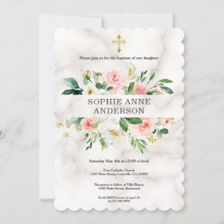Convite Blush White Flores Brancas Cruzam Batismo Menina