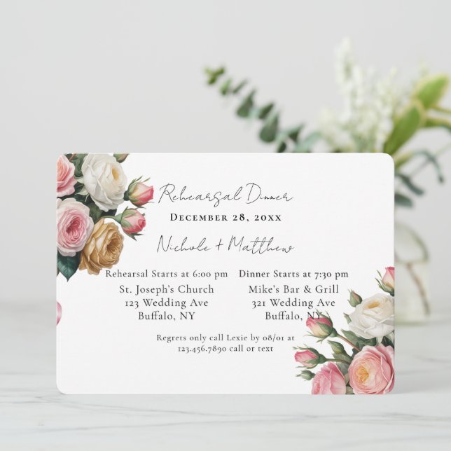 Convite Blush White Gold Floral Rehearsal Dinner (Em pé/Frente)