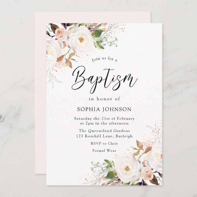 Convite Blush White Winter Forest Baptism (Frente/Verso)