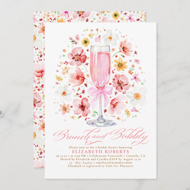 Convite Blush Wildflower Brunch and Bubbly Bridal Shower (Frente/Verso)