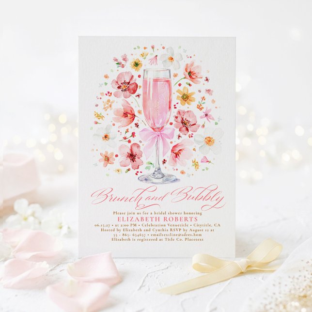 Convite Blush Wildflower Brunch and Bubbly Bridal Shower (Blush Pink Watercolor Flowers Brunch and Bubbly Bridal Shower Invitations)