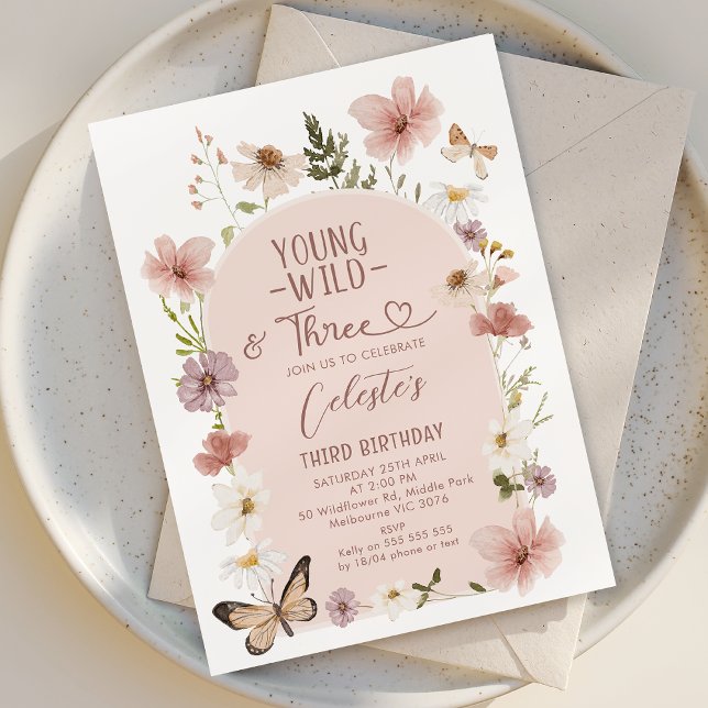 Convite Blush Wildflower Young Wild Three 3rd Birthday  (Young, Wild and Three Birthday Invitation Wildflowers, Wildflowers 3rd Birthday Invitation Template)