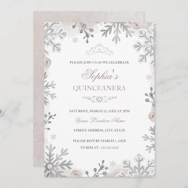 Convite Blush Winter Wonderland Quinceanera (Frente/Verso)