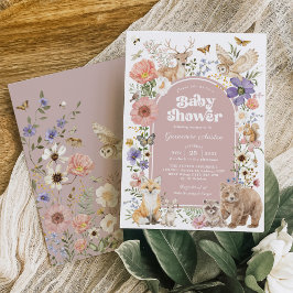 Convite Blush Woodland Animals Floral Girl Baby Shower