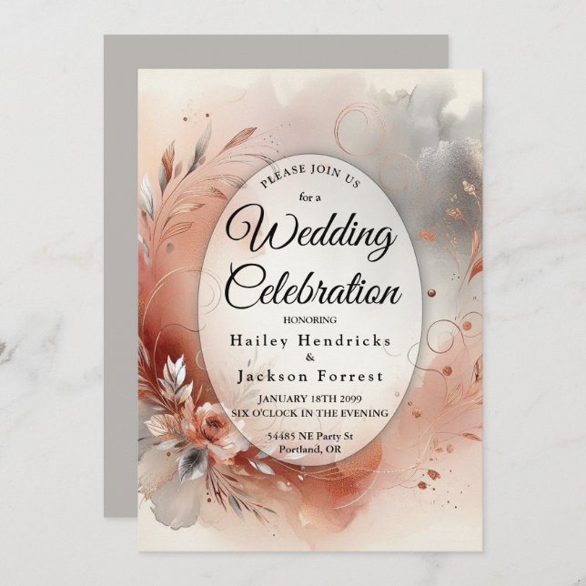 Convite Blushing Petals and Silver Swirls Wedding (Frente/Verso)