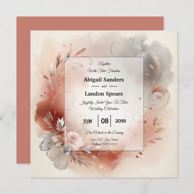 Convite Blushing Petals and Silver Swirls Wedding (Frente/Verso)