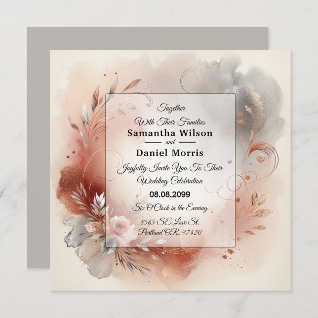 Convite Blushing Petals and Silver Swirls Wedding (Frente/Verso)