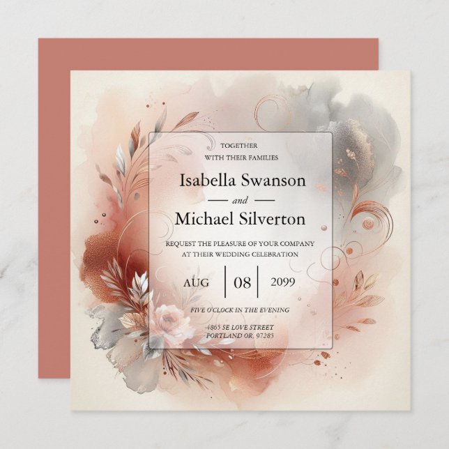 Convite Blushing Petals and Silver Swirls Wedding (Frente/Verso)