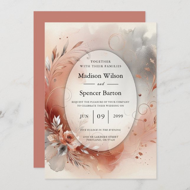 Convite Blushing Petals and Silver Swirls Wedding (Frente/Verso)