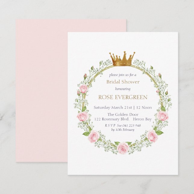 Convite Blushing Romance: Pink Roses and Baby’s Breathe (Frente/Verso)