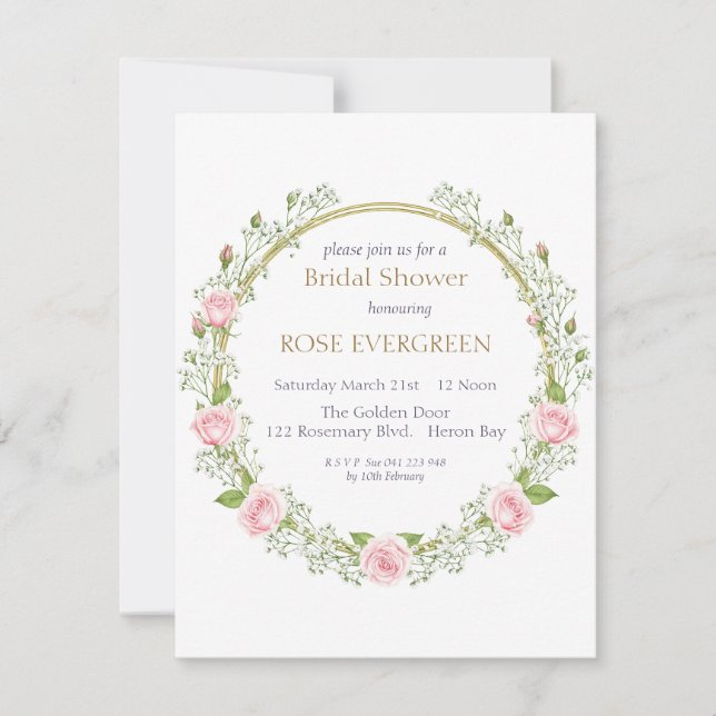 Convite Blushing Romance: Pink Roses and Baby’s Breathe (Frente)