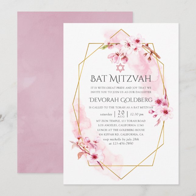 Convite B'nai Mitzvá de Flor de Cerejeira Rosa Geométrica (Frente/Verso)