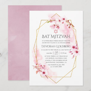 Convite B'nai Mitzvá de Flor de Cerejeira Rosa Geométrica