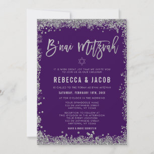 Convite B'nai Mitzvah Brilho Falso Prata Roxo