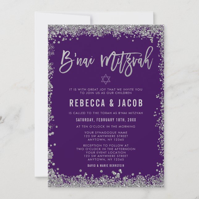 Convite B'nai Mitzvah Brilho Falso Prata Roxo (Frente)