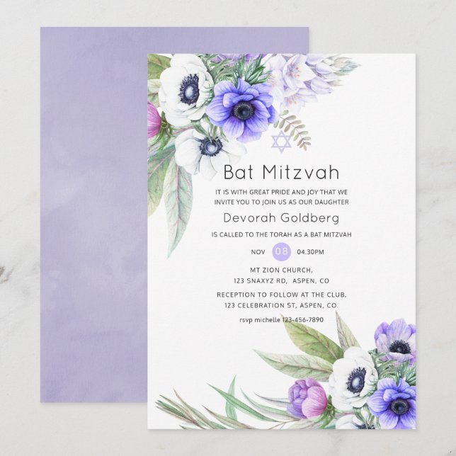 Convite B'nai Mitzvah Floral Violeta Pastel e Ameixa (Frente/Verso)