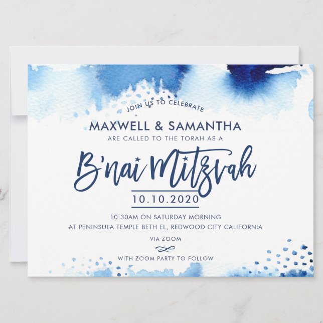 Convite B'NAI MITZVAH INVITE Cores-d'água azuis com letra  (Frente)
