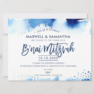 Convite B'NAI MITZVAH INVITE Cores-d'água azuis com letra